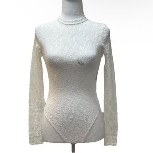 NWT Harvest Hues Flower Lace Turtleneck Long Sleeve Thong Bodysuit size XS White